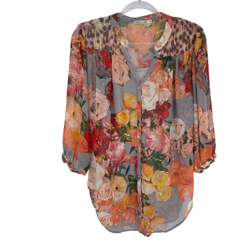 Figueroa & Flower Layered Floral Top Womens Medium Gray Pink Polyester Romantic